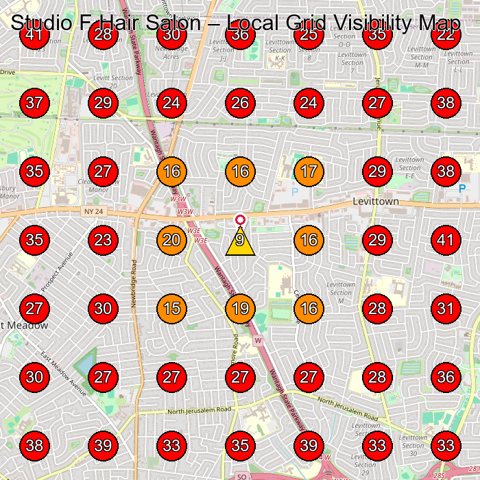 Studio F Hair Salon GeoGrid visibility map for Beauty Salon in East Meadow